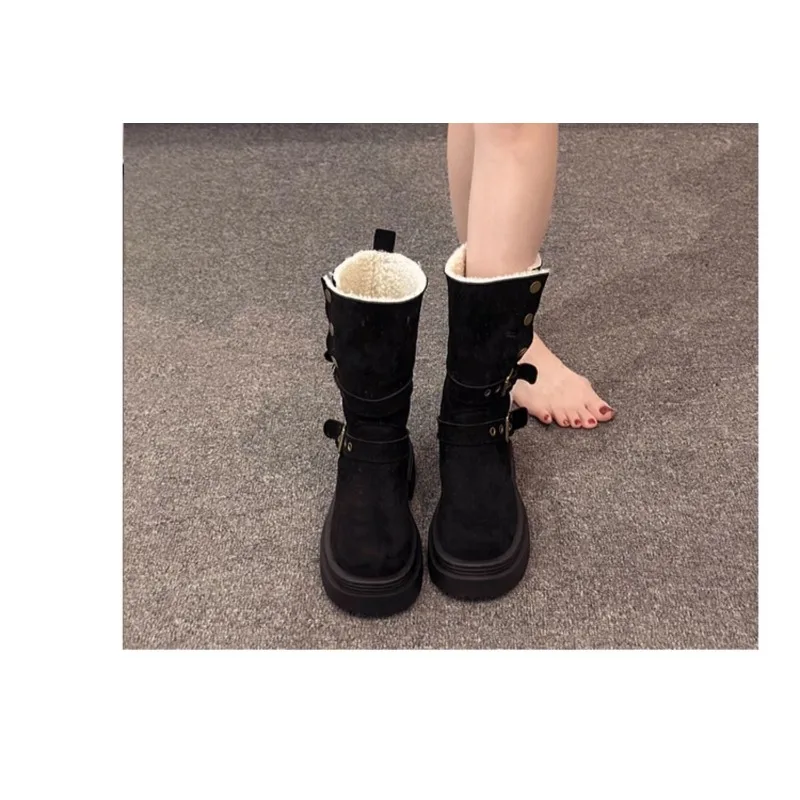 Women Faux Suede Winter Mid Boots, Fleece Lined Fold Over Cuff Double Buckle Round Toe Chunky Platform Warm Ladies Boots