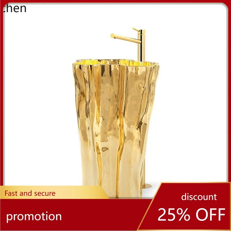 CZ Italian Style Stainless Steel Wash Basin Villa Hotel Household Pedestal Basin Irregular Floor-standing Wash Basin