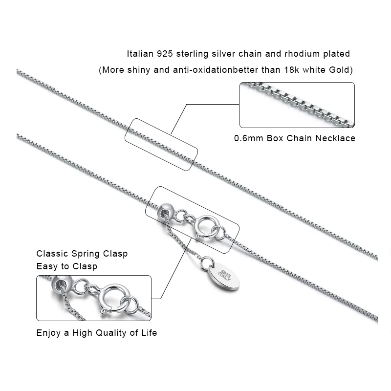 KISS MANDY 100% Plata de Ley 925 auténtica, collar de cadena con caja de 0,6mm para mujer, cadena de eslabones de caja ajustable, joyería de moda SC07