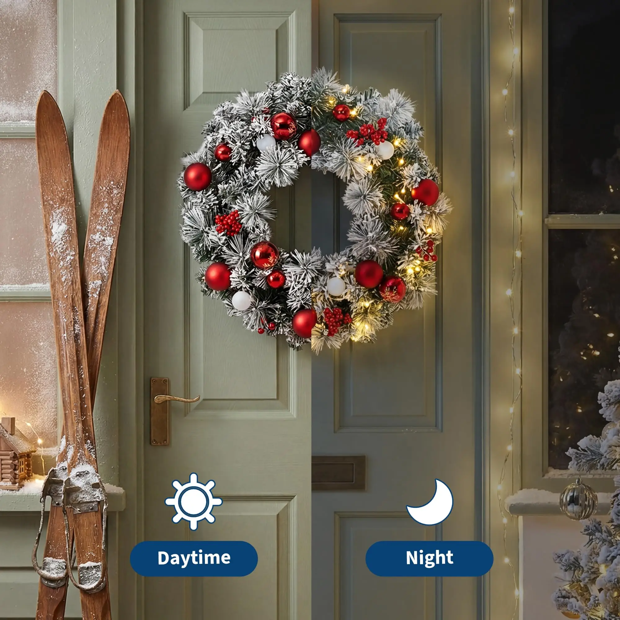 Pre-Lit Flocked Snowy Pine Christmas Wreath - Battery Operated LED Lights, Pine Cones, Red & White Ball Ornaments, Red Bow - Rustic Farmhouse Winter Decor for Front Door Wall or Mantel