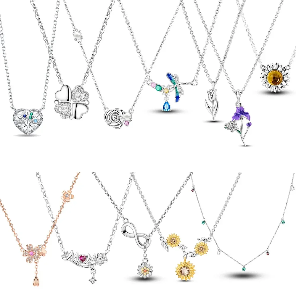 

Exquisite Sunflower Four-leaf Clover 925 Silver Necklace Original Purple Iris Flower Necklace Women Jewelry Anniversary Gifts