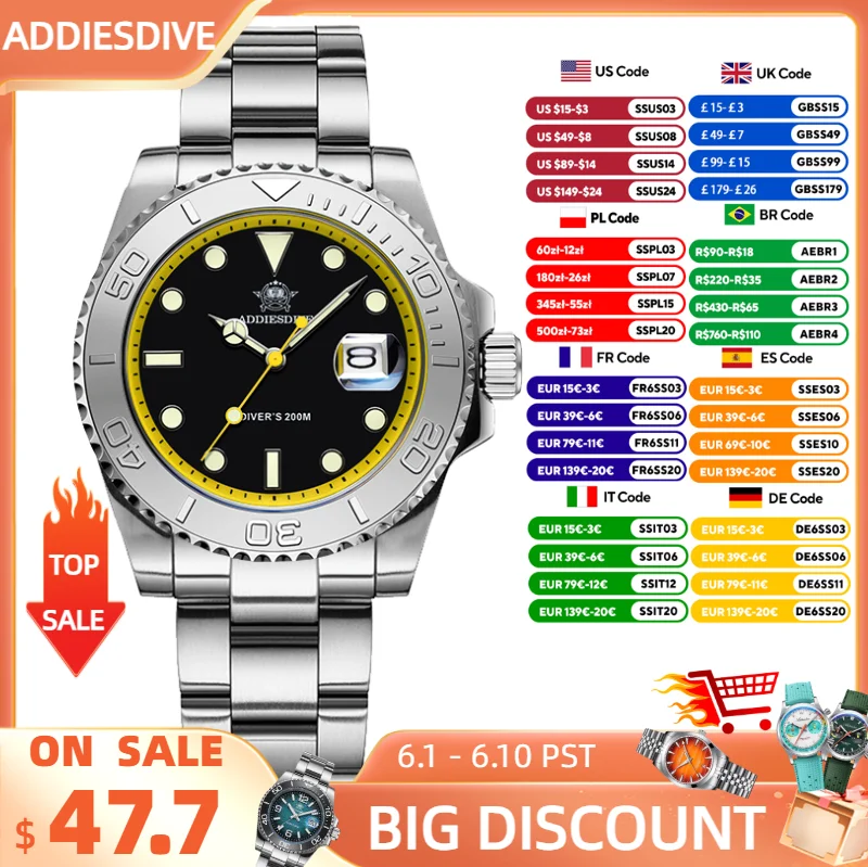 

ADDIESDIVE Men Watch Luxury Diver Quartz Watch 200m Diving Stainless Steel Bezel Calendar BGW9 Luminous 41mm Wristwatch for Men