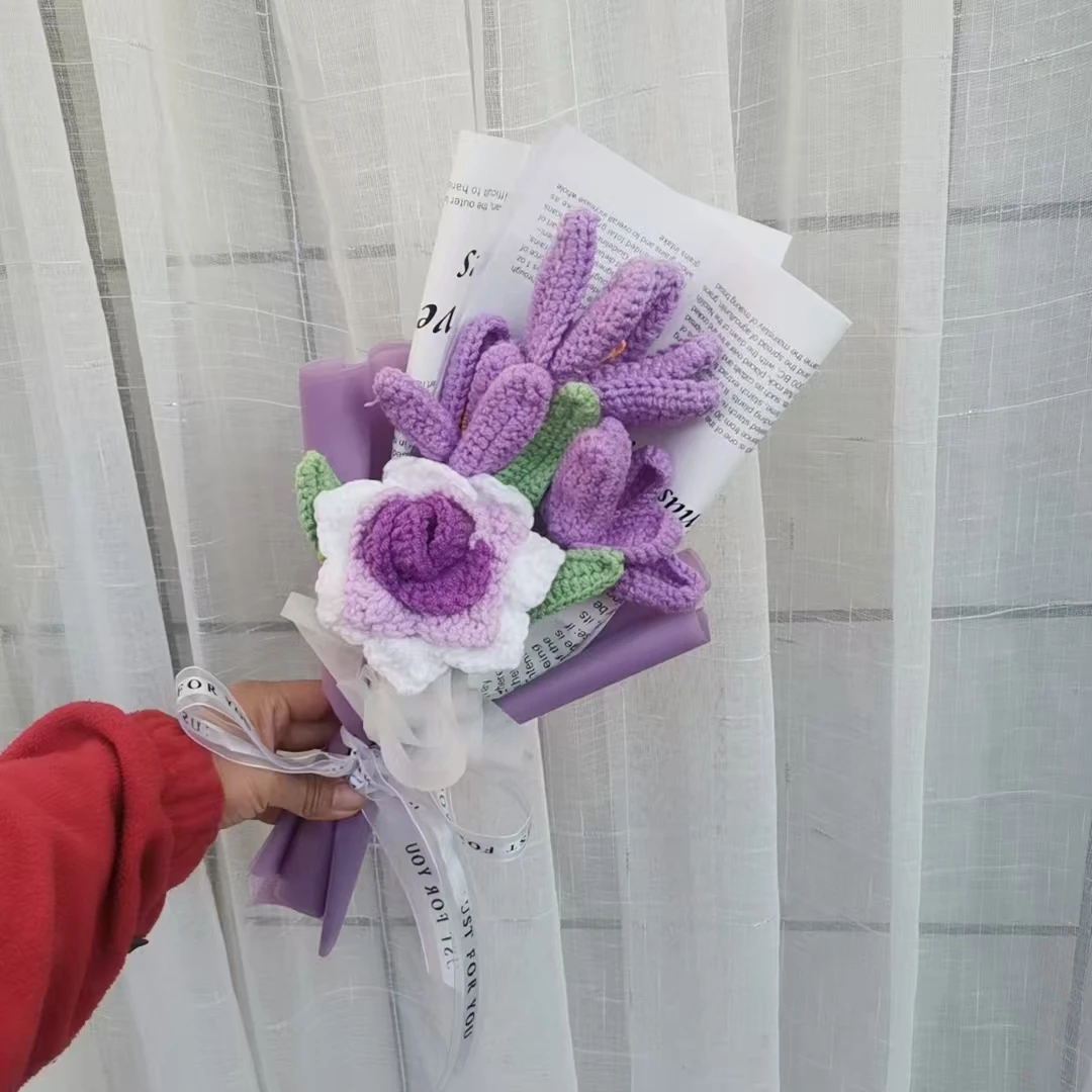 Bouquet de Roses et Tulipes Artificielles, Fausses Fleurs en Laine Faites à la Main, au Crochet, pour la Journée des Enseignants G