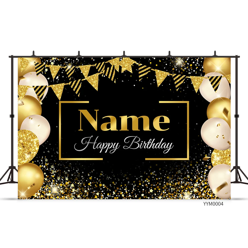 Customize Name Happy Birthday Balloon Backdrop Banner Black and Gold Photography Background for Men Women Wedding Birthday Party