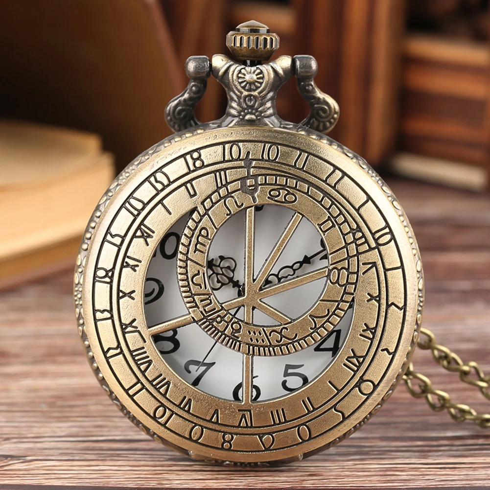 Zodiac Compass hollow out Pattern Bronze Retro Quartz Pocket Watches Men Women Necklace Watch Antique Pendant Gifts