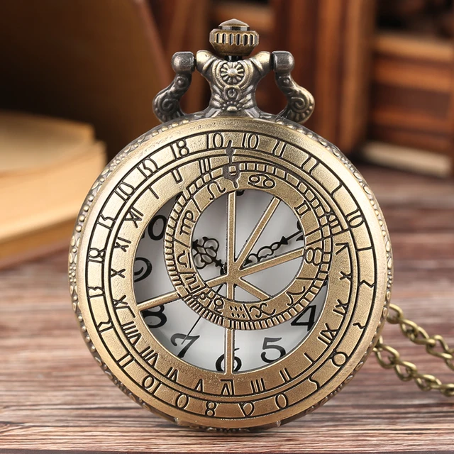 Zodiak kompas drążony wzór brąz Retro kwarcowe zegarki kieszonkowe mężczyźni kobiety naszyjnik zegarek antyczny wisiorek prezenty