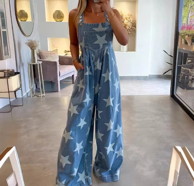 

Women's Jumpsuit Casual Trendy Denim Overalls Fashion Star Pattern Printed Pocket Design High Waist Loose Fit Wide Leg Jumpsuit