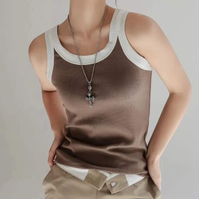 

Threaded Collision Camisole Vest Female Summer Anti-Glare Outer Wear Inner Bottom Shirt New Retro Design Tops