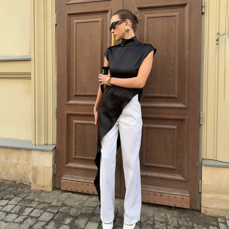 European and American Style Elegant Half High Collar Satin Sleeveless Top Solid Color Diagonal Cut DrapedTShirt