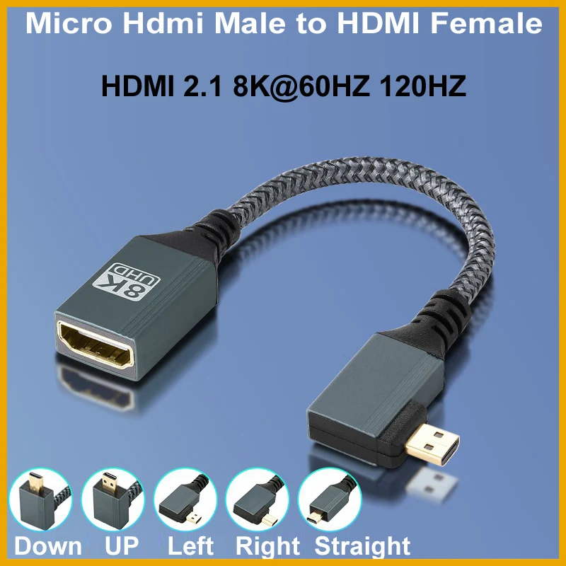 Nylon Braided Micro HDMI Male-Female Cable, multi-angle, 8K 60Hz/122Hz, for laptop, camera, PC, tablet, TV, monitor, projector