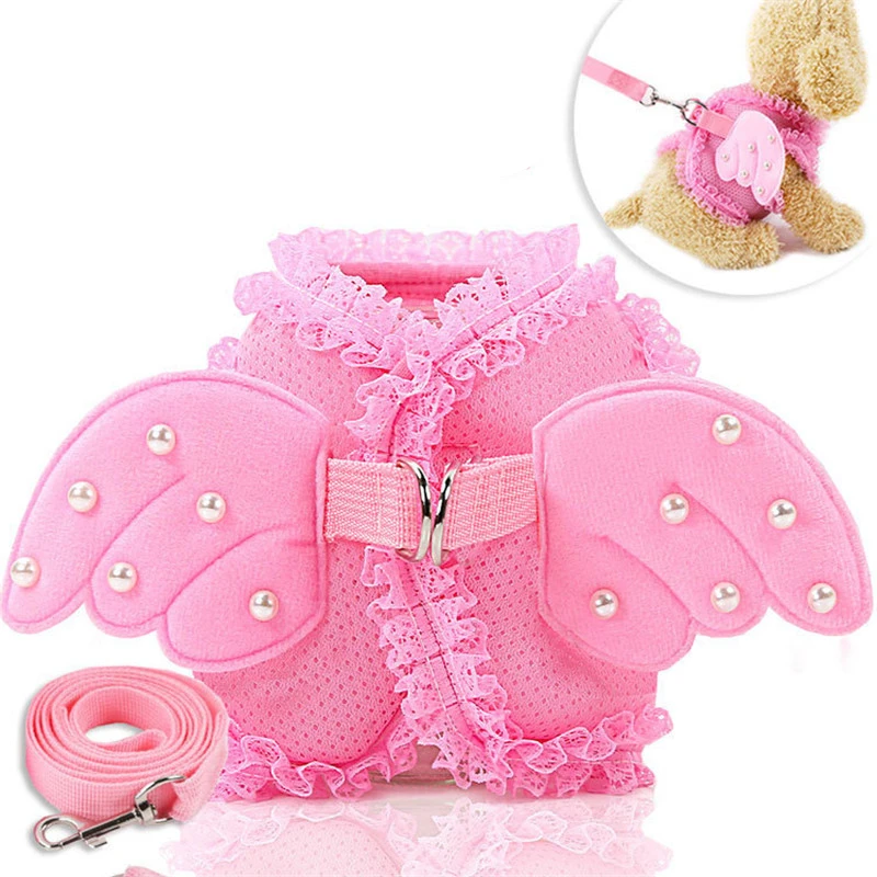 Small Dog Harness and Leash Set Pet Cat Vest Harness Pearl Cute Angel Wing Princess Pet Dog Harness Leashes Adjustable Leashes