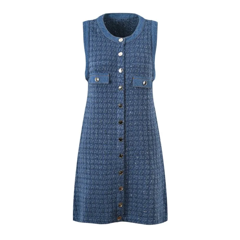 

Women's knit dress Spring/fall new design sense sequin crew neck denim single row sleeveless tank dress