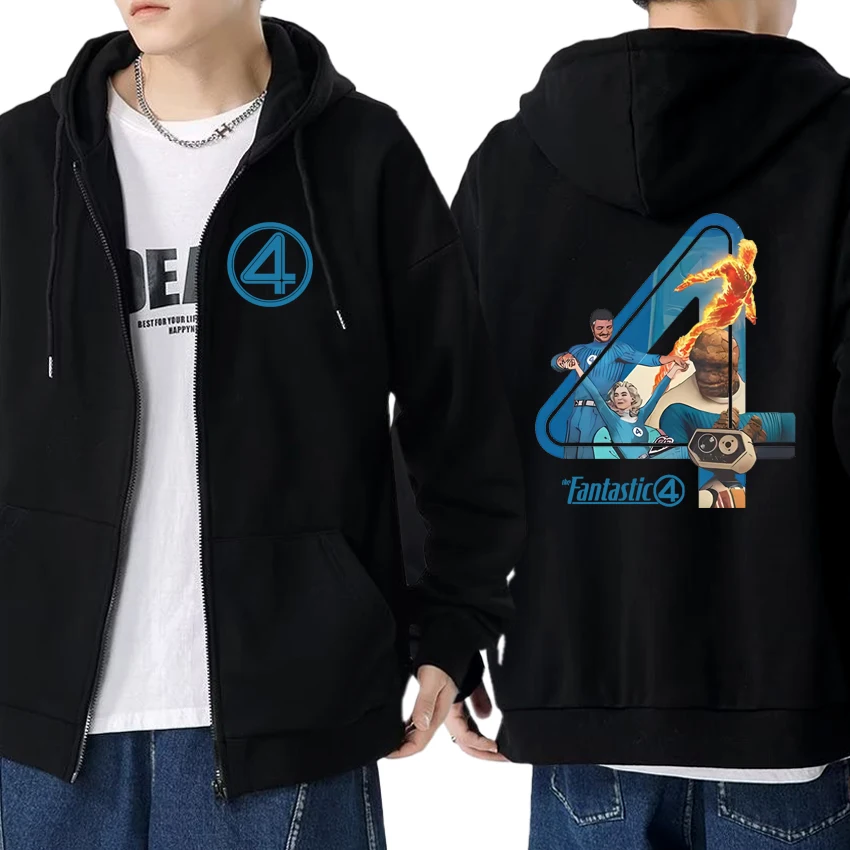 

Harajuku The Fantastic Four First Steps Double Sided printed Hoodies Men women Fleece Long sleeve Zipper Coat Unisex Sweatshirt