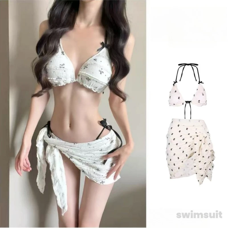 New pure desire bow split bikini sweet girl thin hot spring seaside three-piece swimsuit