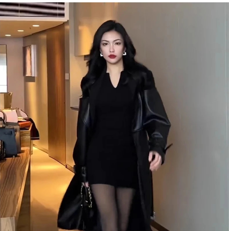 Lautaro Autumn Long Black Patchwork Pu Leather Trench Coat for Women Double Breasted Loose Stylish Luxury Designer Clothing 2023