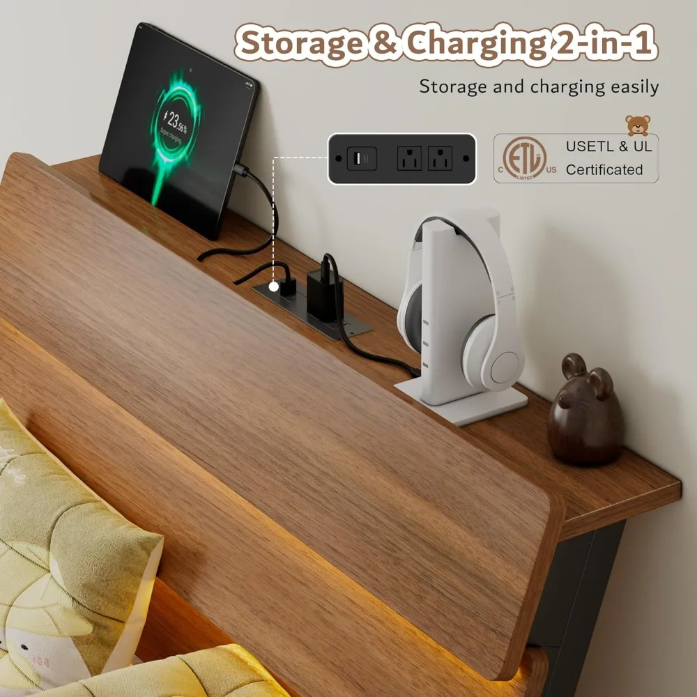 iPormis Floating Twin Metal Bed Frame with LED Lights & Charging Station, Platform Bed with Wooden Storage Headboard, Heavy Duty