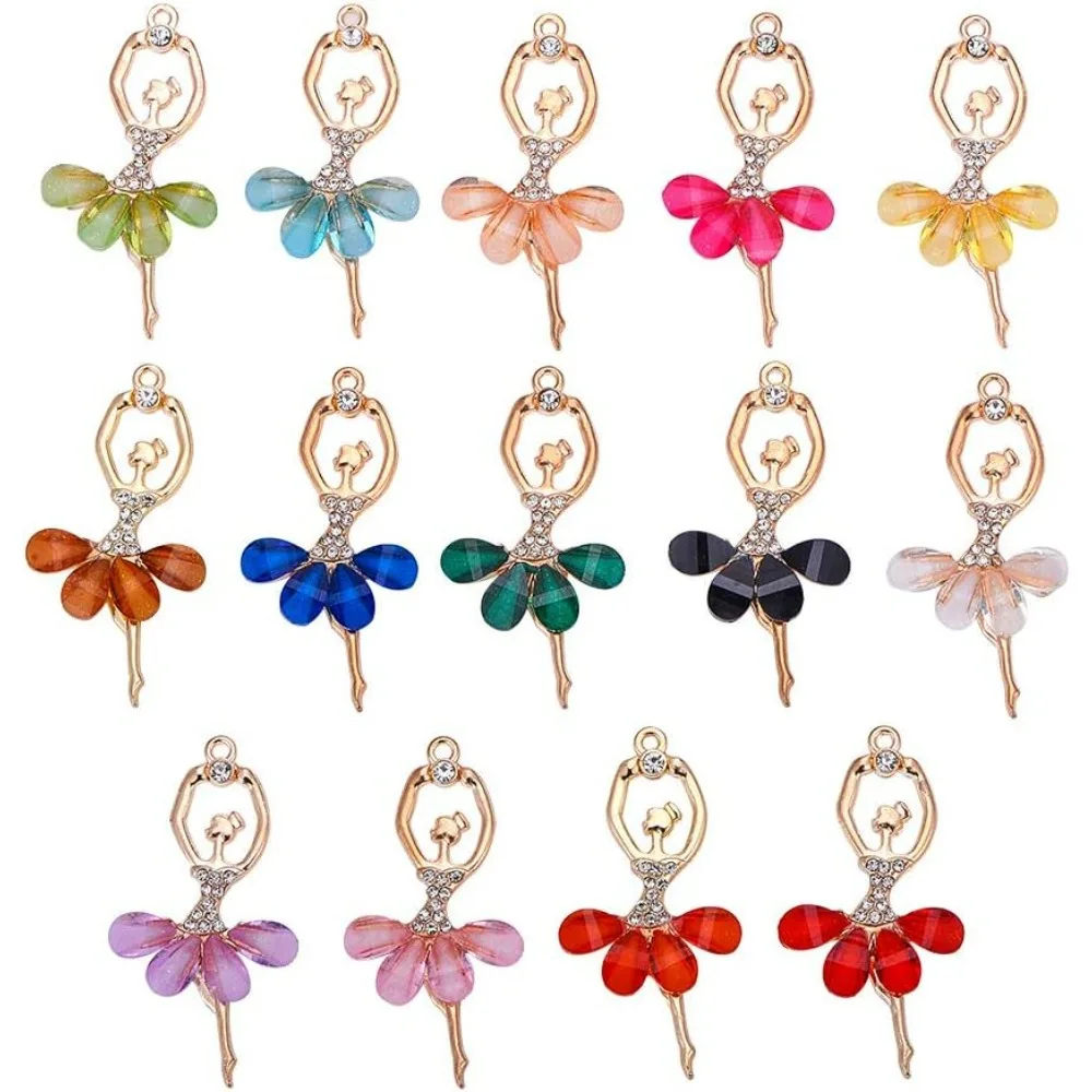 14pcs 14 Colors Crystal Ballerina Charms Inlaid Rhinestone Resin Ballet Dancer Pendants for Teen Women DIY Bracelet Necklace