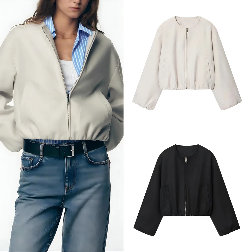 

Женская новая мода с боковым карманом, повседневная летная куртка с круглым вырезом и мягкой текстурой, пальто в стиле ретро с длинными рукавами на молнии, женское пальто, шикарный топ