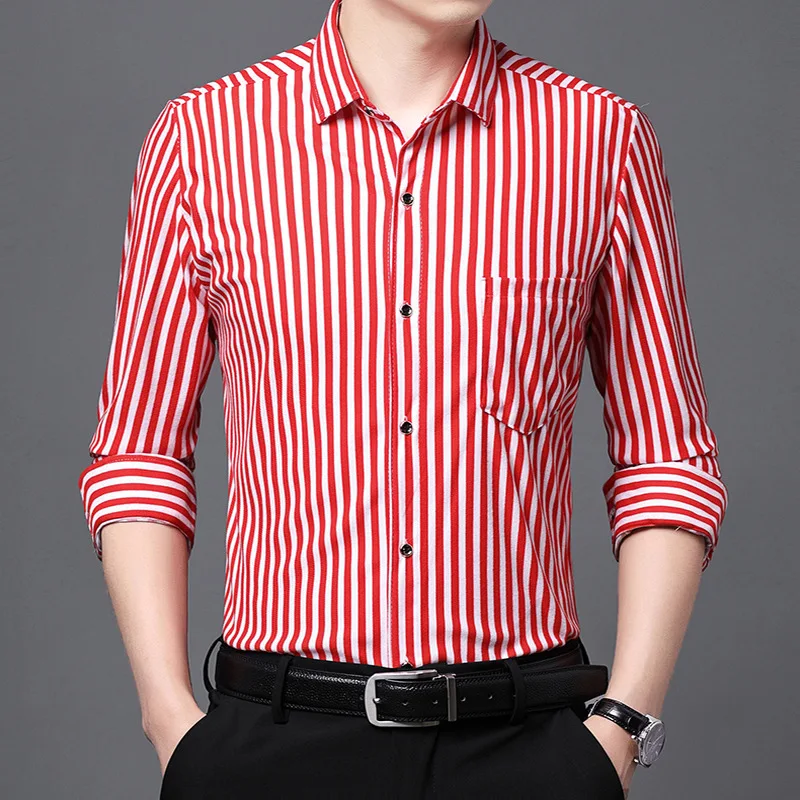 

Slim Fit Long Sve Thin irt Men's Vertical Striped Busin Casual irt Cuban Collar Polyester Fiber Spring Season