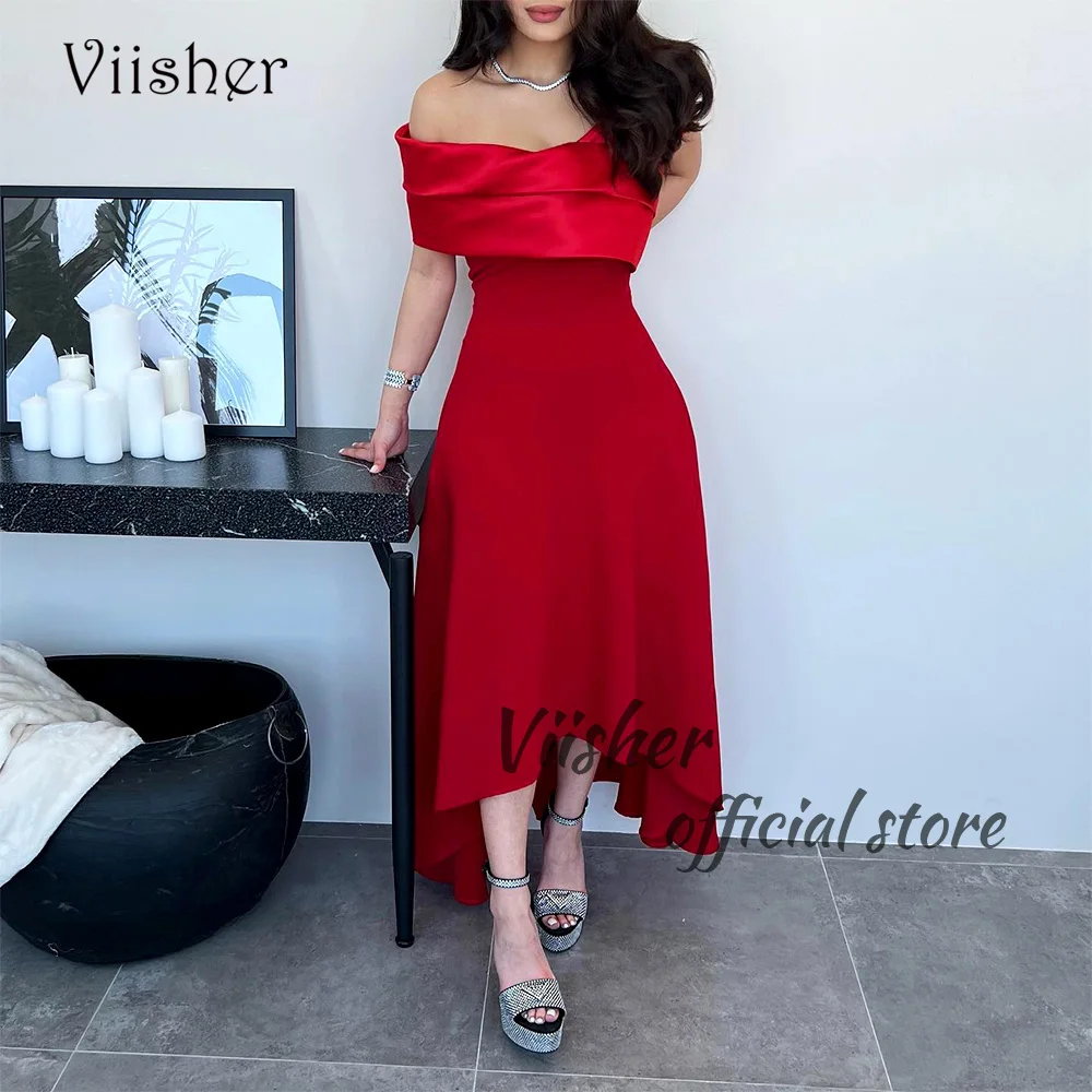 

Viisher Red Off Shoulder Evening Dresses for Women Mono Satin A Line Arabic Formal Prom Dress Ankle Length Wedding Guest Gowns