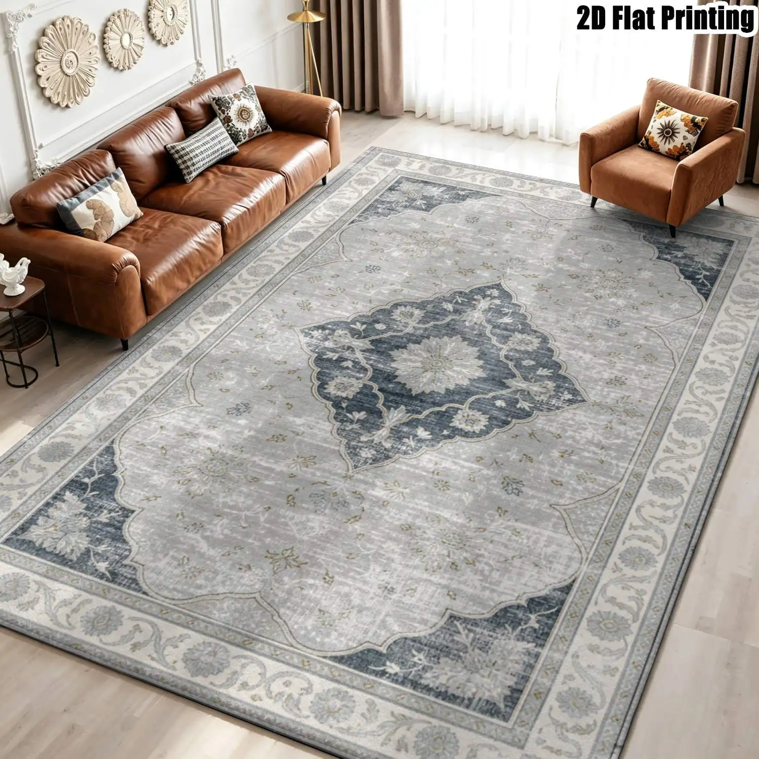 1Pc 2D Printed Carpet: Blue-Grey Retro Geometric Floral Pattern, European Style for Home Decor, Multiple Sizes, Machine Washable, Suitable for Living Room, Bedroom, Dining Room, Entrance, Study