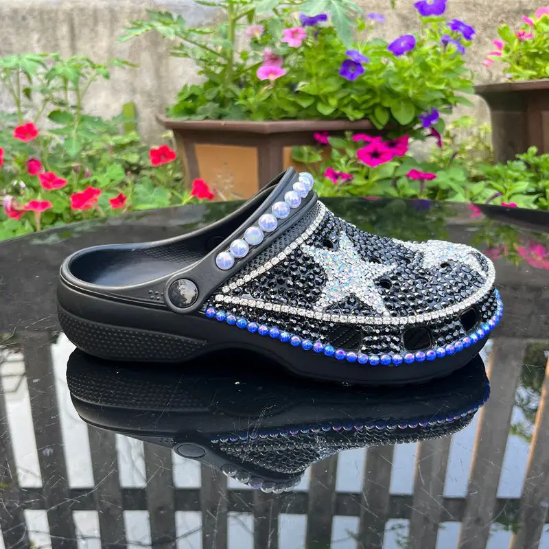 Women Star Rhinestone Pearl Clogs, Thick Sole EVA Hollow Breathable 2-Way Wear Slippers for Home Beach Outdoor Daily Wear