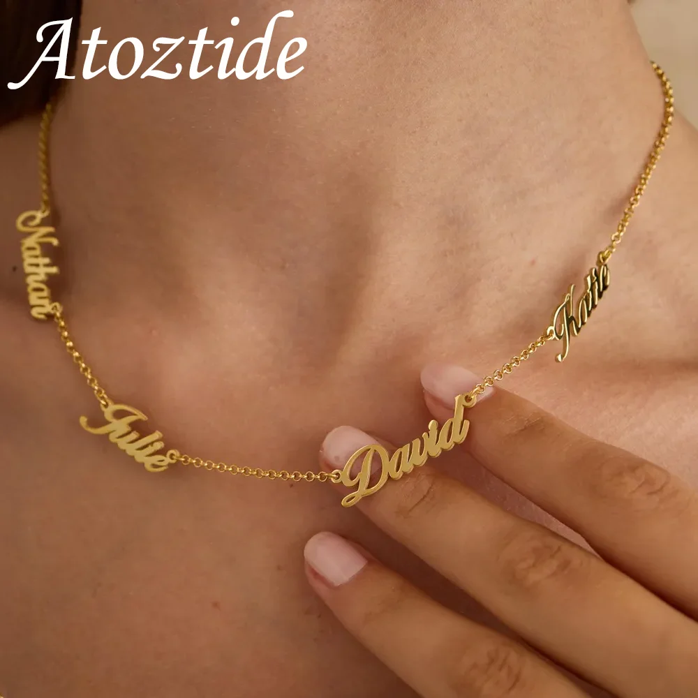 Atoztide-Collier personnalisé avec noms multiples pour femme, bijoux en acier inoxydable, tour de cou avec nom de famille, cadeau d'anniversaire personnalisé