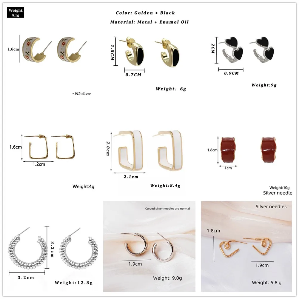 Personality Fashion C-Shape Drop Earrings for Women Punk Enamel Oil Square Print Floral Heart Earrings Geometry Golden Jewelry