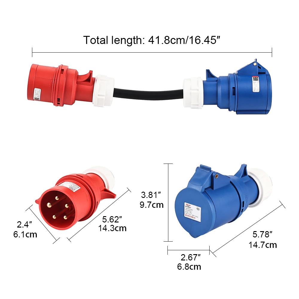 IPENGEN Electric Vehicle Charging Adapter Convert 22kw to 7kw 3phase to 1phase 32A CEE Red Male 5pin to Blue Female 3pin