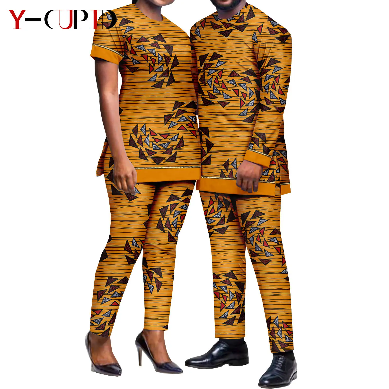 African Men Suits Dashiki Patchwork Zipper Print Top and Pant Sets Matching Women Outwear Bazin Riche Couples Outfits Y23C020