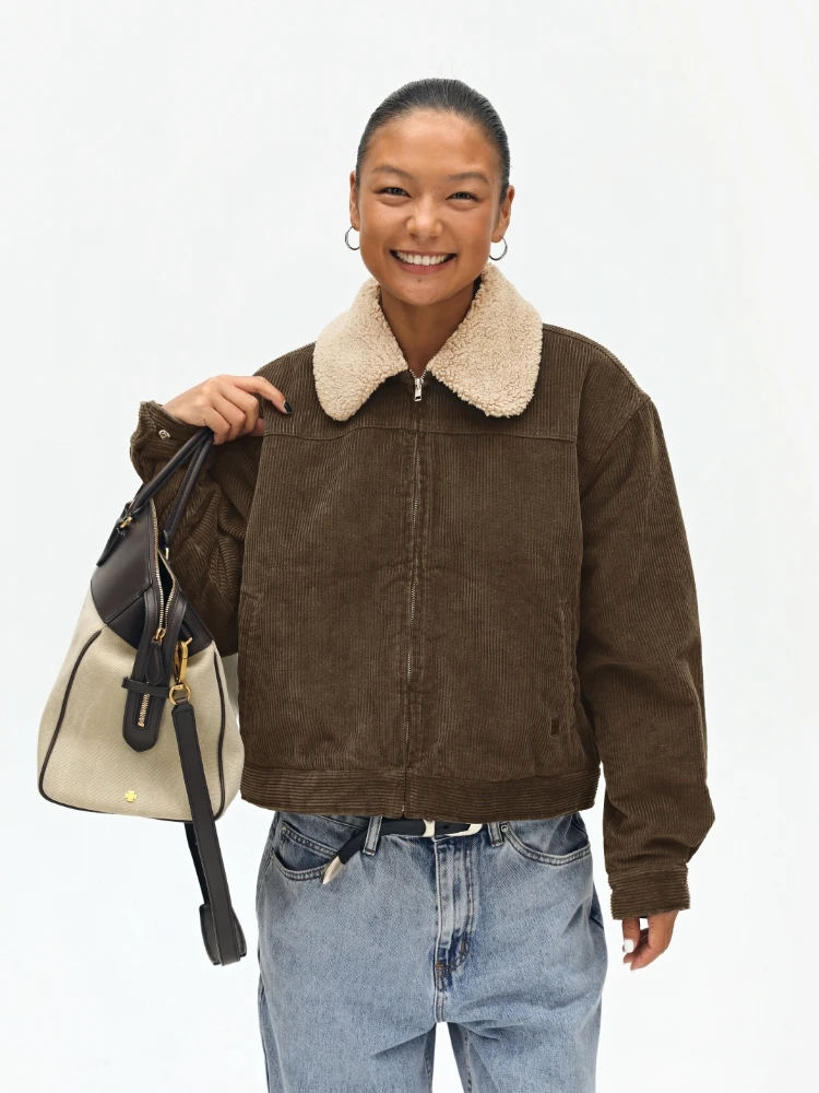 

Oneup American Retro Lamb Velvet Corduroy Cotton Jacket Women's Autumn Winter Zipper Collar Cotton Clothes Simple Straight Cut
