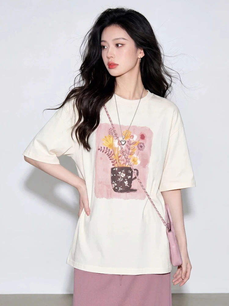 Summer Ultra-fire Anti-aging Women's T-shirt Loose Design Sense Oil Painting Flower Print Short Sleeve Casual Style Top