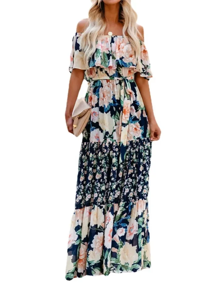 Vestidos largos con hombros descubiertos y estampado de flores para mujer Primavera Verano nueva moda temperamento cintura alta vestido Leace-up Vestidos femeninos