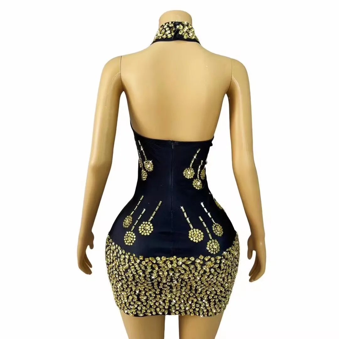 Sexy Backless Halter Jumpsuit Short Skirt Ball Party Dress Performance Costume Jinlei Electronic Music Festival Stage