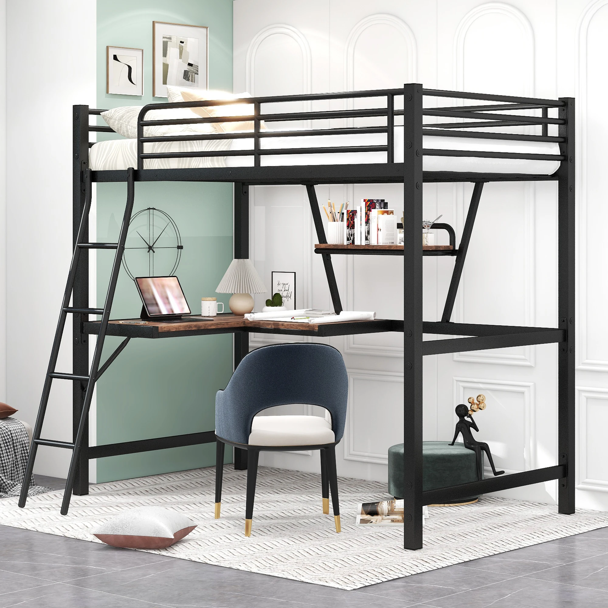 

Twin Size Loft Metal & MDF Bed with Desk and Shelf, Black 78x41.30x70.90 in.