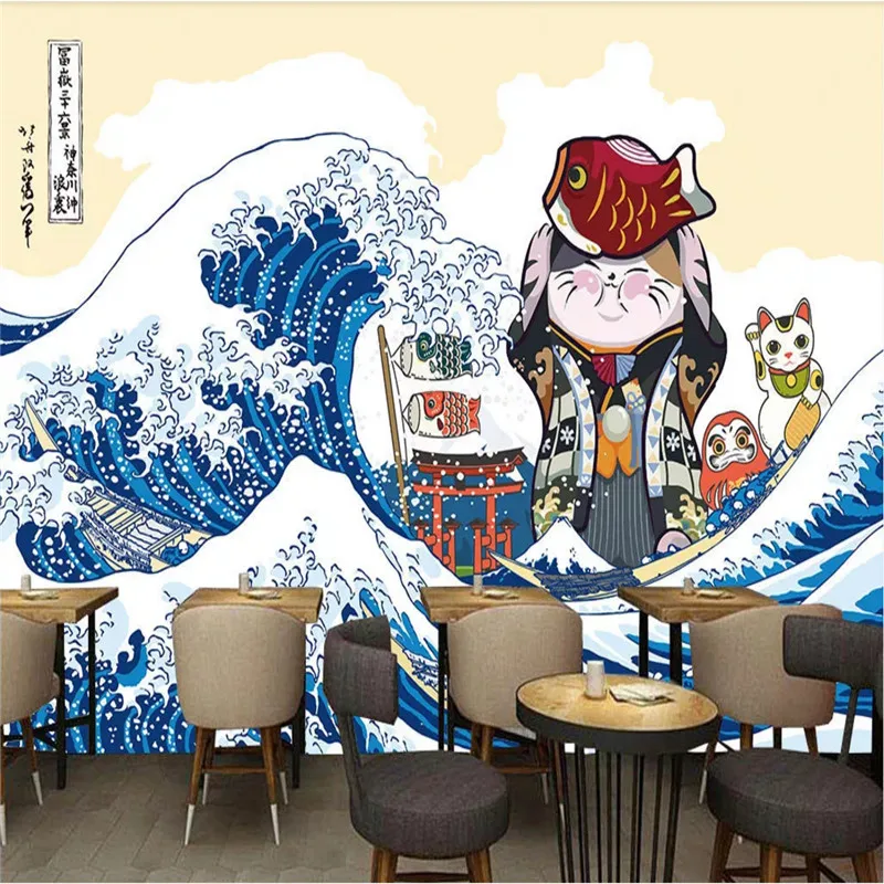 Japanese Classic Ukiyo-e Style Wall Paper 3D Hand-painted Japanese Restaurant Sushi Store Industrial Decor 3D Mural Wallpaper