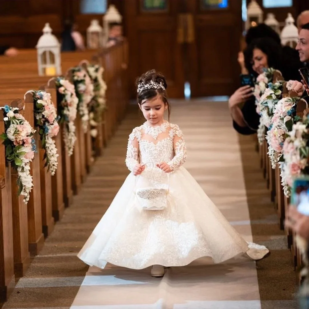 Branco apliques vestidos da menina de flor para o casamento com arco pérolas sem costas mangas completas crianças festa aniversário primeira comunhão vestido