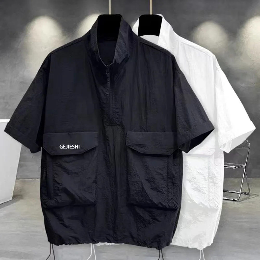 Mens Shirt Functional Pocket Half Zipper Thin T-Shirt Casual Modern Trend Loose Stand Collar Short Sleeve Top Unisex 2024 Summer