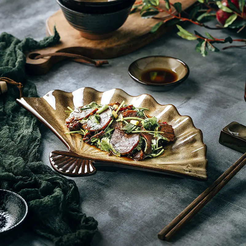 Japanese Style Irregular Ceramic Plates Creative Fan Shaped Dinner Plates Unique Special Shaped Tableware for Home Use
