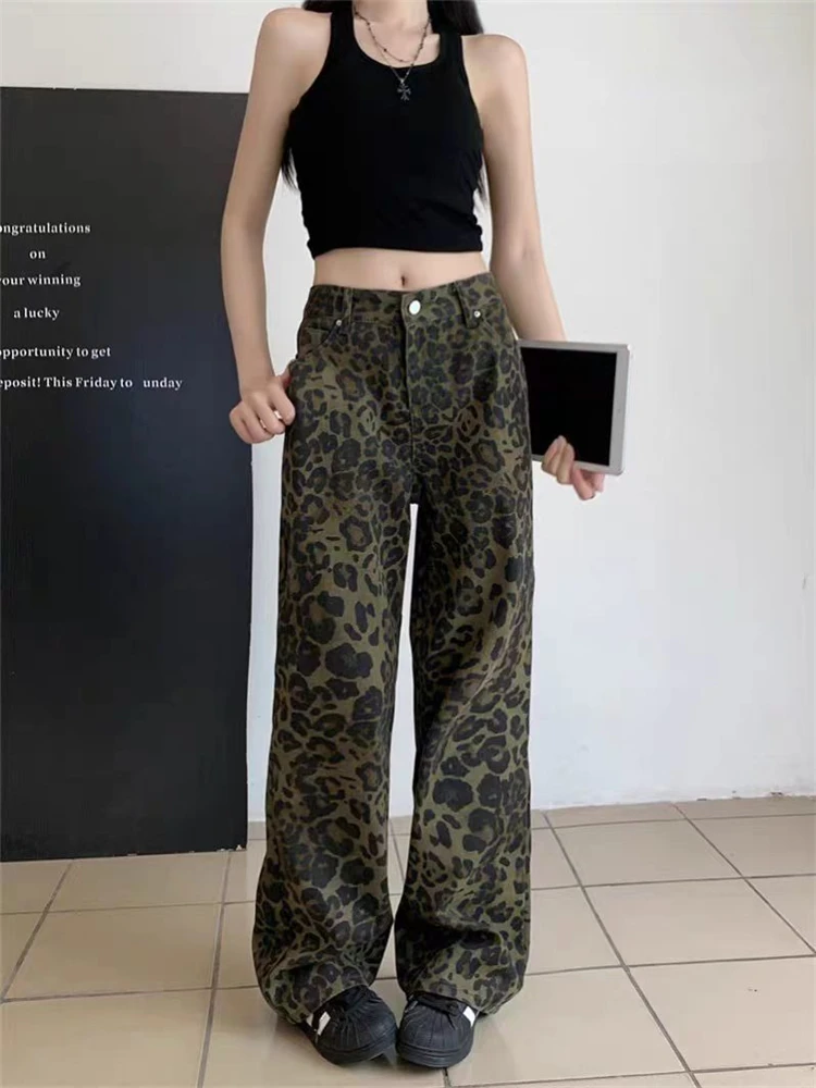 

Women's Leopard Print Casual Pants Fashion Young Girl Wide Leg Bottoms Vintage Style Female Loose Straight High Waisted Trousers