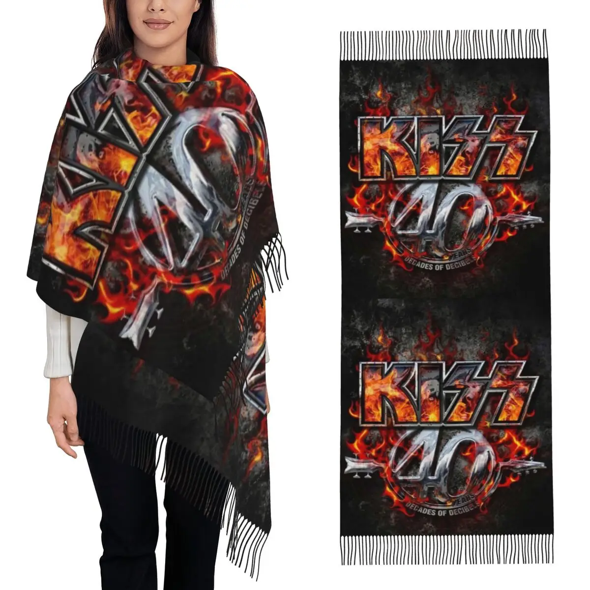

KISS The Band Demon Red Rock Music Шарф Шарфы с кисточками для женщин Мягкие теплые шали и накидки Большая осенне-зимняя шаль
