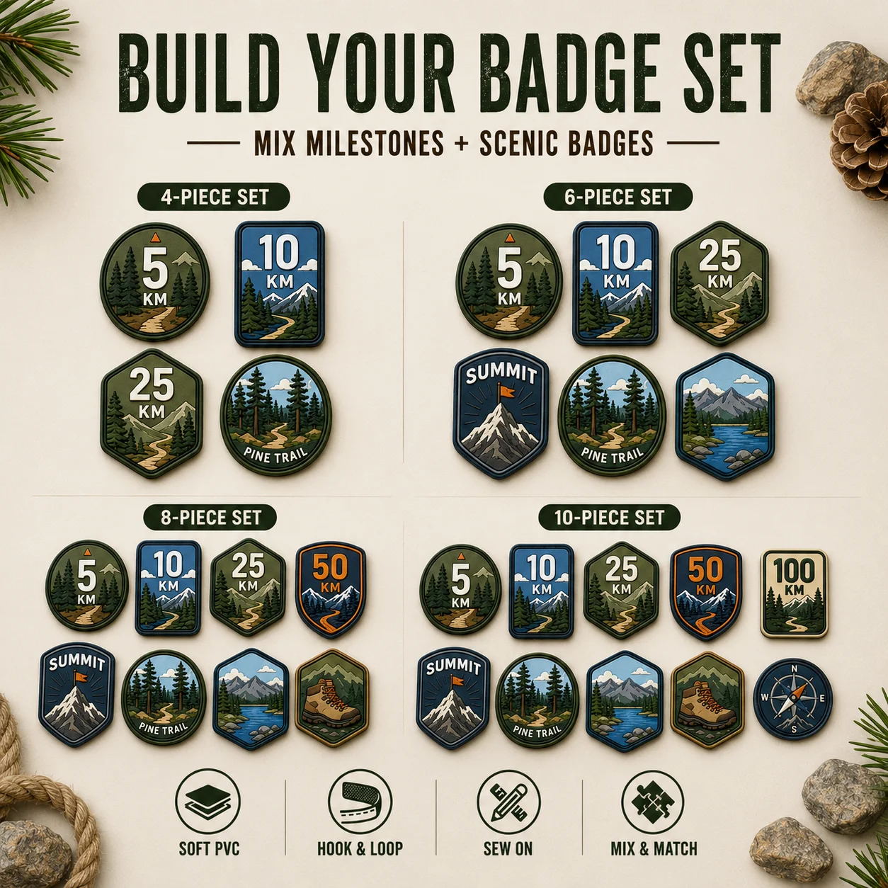 Custom Hiking Trail PVC Patch Personalized Distance Summit Mountain Compass Boot Soft Rubber Badge for Bags Jackets Outdoor Gear