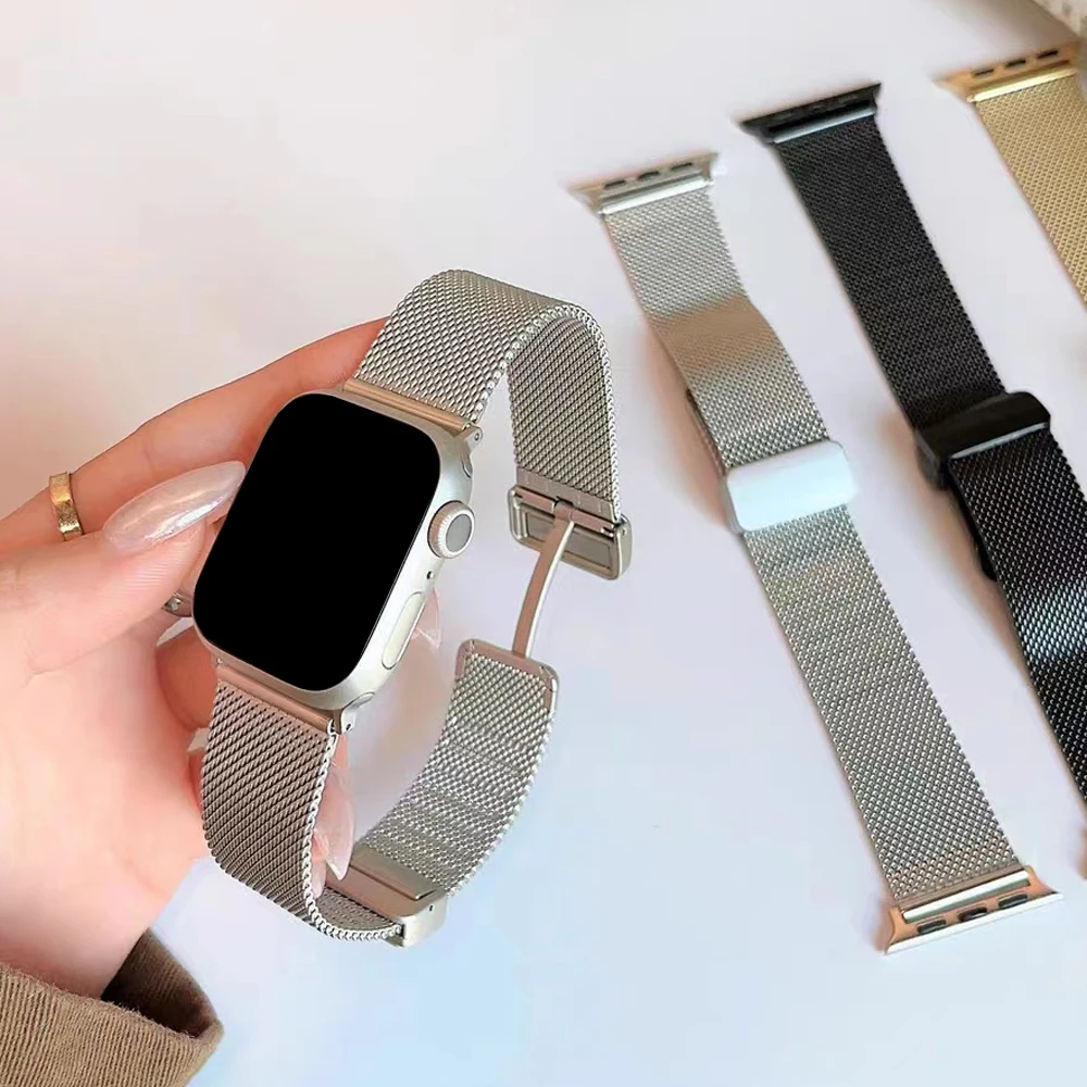 Correa de malla de bucle para Apple Watch Ultra 2 1 banda 49mm 45mm 44mm 42mm 41mm 40mm 38mm pulsera de acero inoxidable iWatch SE 9 8 7 6 5 4