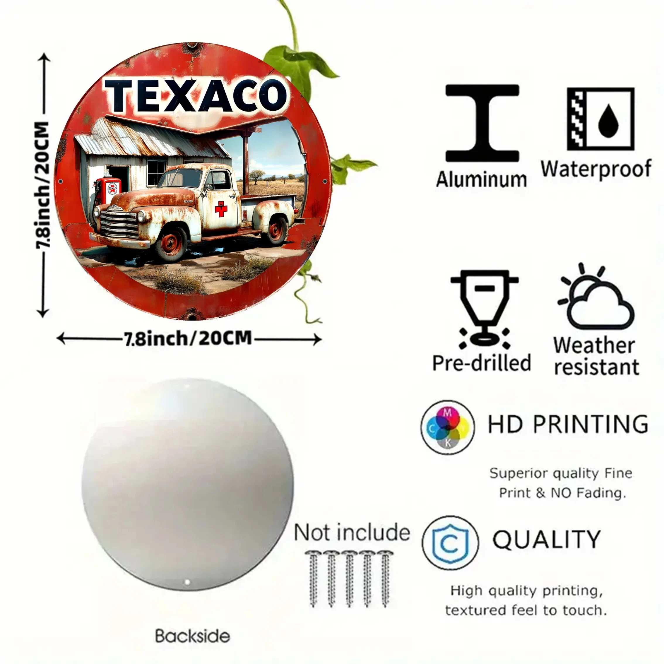 Hd Tin Sign, Texaco Vintage Pickup Truck Round Metal Wall Art, Retro Gas Station Garage Decoration