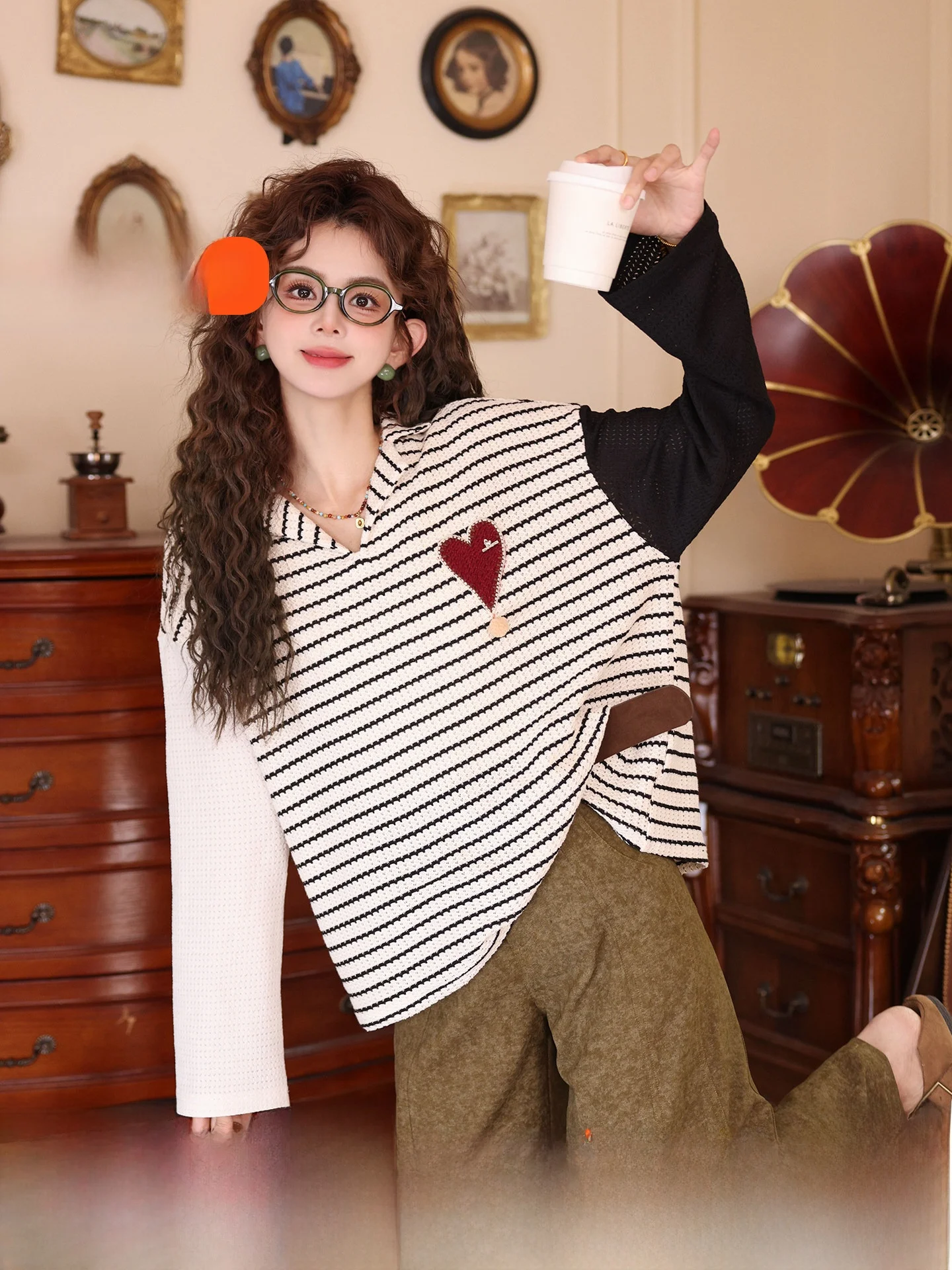 

Женская винтажная футболка Chen Jiajie с длинным рукавом, в полоску, с лоскутным узором, весенний топ, удобный, дышащий, хлопковый