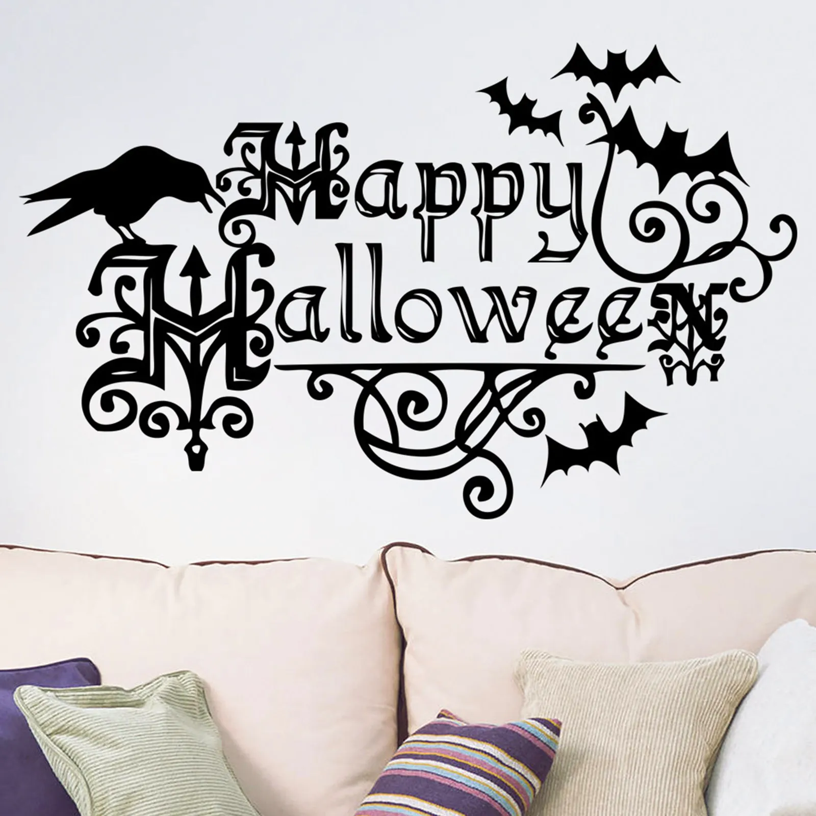 2 Pcs Halloween Stickers Removable Wall Black PVC Decals Window Decorations