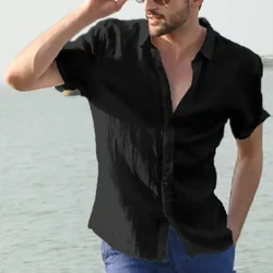 New Casual Loose Men's Shirt Summer Beach Holiday Solid Color Lapel Cardigan Breathable Short Sleeve Tops