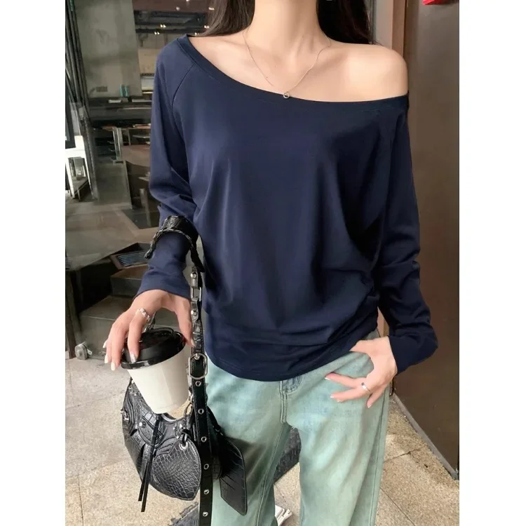 2024 New Women's T-shirt Off-Shoulder Long Sleeve Sexy Loose Fit Pure Desire Aesthetic Crossbody Shoulder Student Top