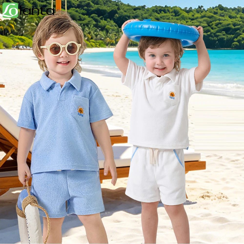 LOlanta Baby Boys Summer Loop Terry Cloth T-Shirt Shorts Set Short Sleeve Beach Lightweight Toweling Collar Matching Outfits