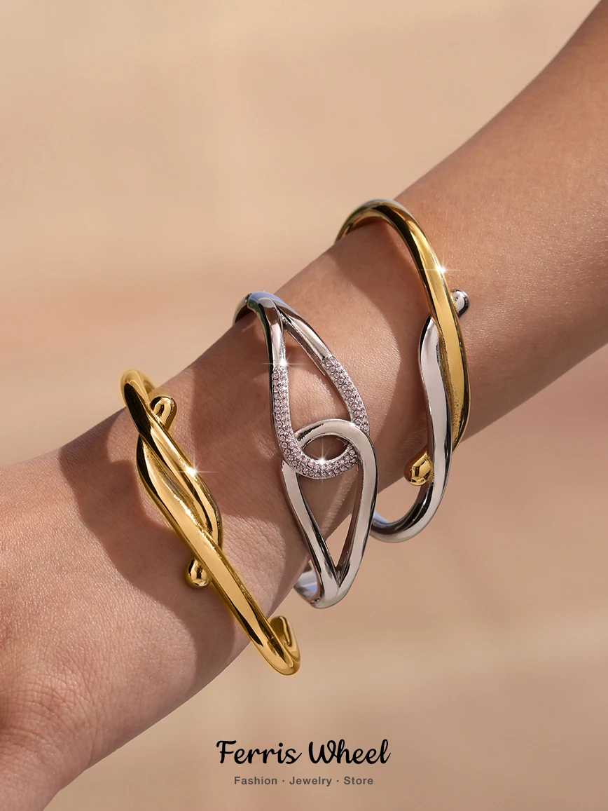 Колесо обозрения, линии художника, браслет из нержавеющей стали, браслет для женщин, позолоченный циркон, инкрустированная манжета на руку, роскошные банкетные украшения